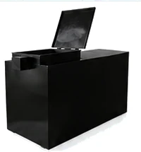 A black 300 gallon double wall steel used cooking oil container with its lid open