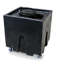 A 70 gallon plastic used cooking oil container on wheels