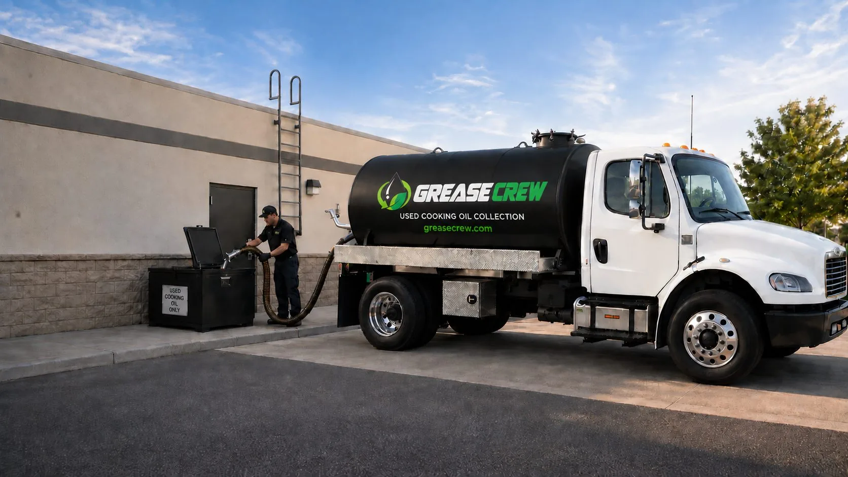 A Grease Crew tanker truck collecting used cooking oil behind a restaurant
